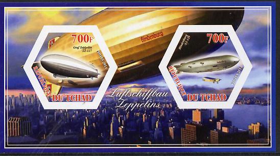 Chad 2014 Airships #1 imperf sheetlet containing two hexagonal-shaped values unmounted mint , stamps on shaped, stamps on hexagon, stamps on hexagonal, stamps on airships, stamps on aviation