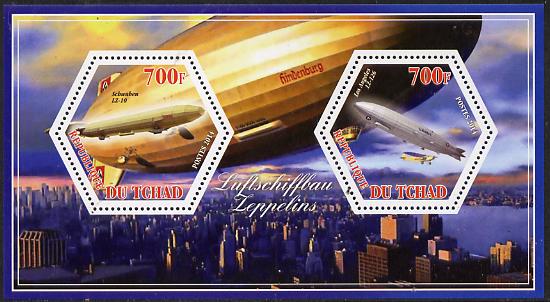 Chad 2014 Airships #2 perf sheetlet containing two hexagonal-shaped values unmounted mint , stamps on shaped, stamps on hexagon, stamps on hexagonal, stamps on airships, stamps on aviation