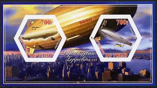 Chad 2014 Airships #2 imperf sheetlet containing two hexagonal-shaped values unmounted mint , stamps on shaped, stamps on hexagon, stamps on hexagonal, stamps on airships, stamps on aviation