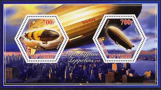 Chad 2014 Airships #3 perf sheetlet containing two hexagonal-shaped values unmounted mint , stamps on shaped, stamps on hexagon, stamps on hexagonal, stamps on airships, stamps on aviation