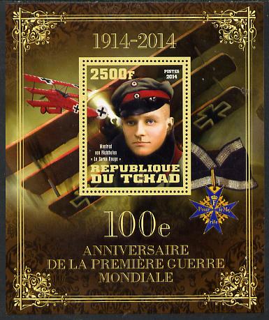 Chad 2014 Centenary of Start of WW1 #3 perf deluxe sheet containing one value unmounted mint, stamps on militaria, stamps on  ww1 , stamps on aviation