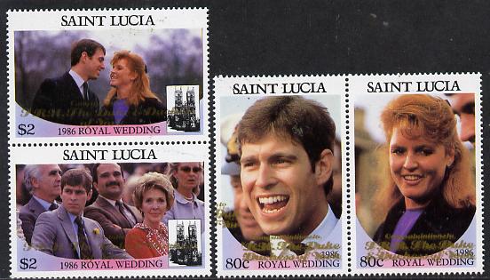 St Lucia 1986 Royal Wedding (Andrew & Fergie) set of 4 (2 se-tenant pairs) with 'Congratulations' opt in gold unmounted mint, stamps on royalty, stamps on andrew, stamps on fergie, stamps on 