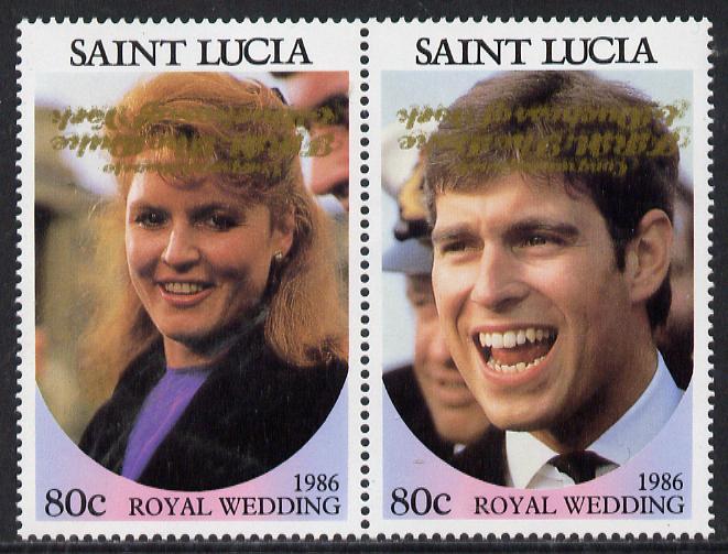 St Lucia 1986 Royal Wedding (Andrew & Fergie) 80c se-tenant pair with 'Congratulations' opt in gold inverted unmounted mint, stamps on royalty, stamps on andrew, stamps on fergie, stamps on 