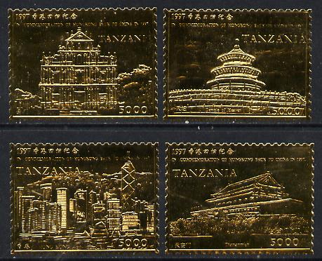Tanzania 1997 Hong Kong back to China set of 4 embossed in 22k gold foil unmounted mint , stamps on 