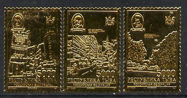 Touva 1997 Hong Kong back to China set of 3 embossed in 22k gold foil unmounted mint , stamps on 
