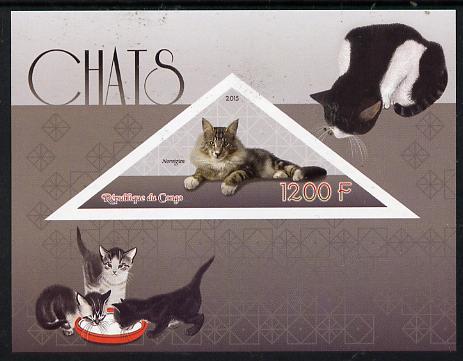 Congo 2015 Cats imperf sheetlet containing triangular-shaped value unmounted mint , stamps on shaped, stamps on cats, stamps on triangulars