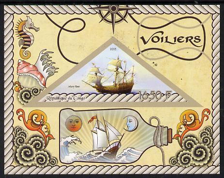 Congo 2015 Sailing Ships imperf deluxe sheet containing one triangular value unmounted mint, stamps on ships, stamps on shaped, stamps on triangle, stamps on triangular