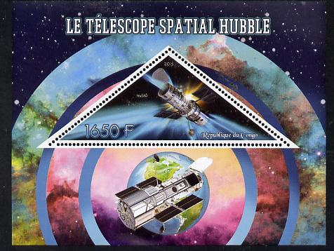Congo 2015 Hubble Telescope perf deluxe sheet containing one triangular value unmounted mint, stamps on space, stamps on telescopes, stamps on shaped, stamps on triangle, stamps on triangular