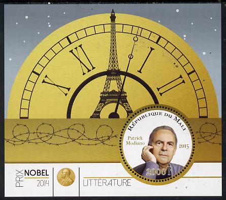 Mali 2015 Nobel prize for Literature - Patrick Modiano perf sheet containing one circular shaped value unmounted mint , stamps on shaped, stamps on circular, stamps on nobel, stamps on personalities, stamps on literature, stamps on clocks