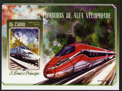 St Thomas & Prince Islands 2015 High Speed Trains #1 imperf deluxe m/sheet unmounted mint. Note this item is privately produced and is offered purely on its thematic appe..., stamps on railways