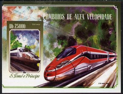 St Thomas & Prince Islands 2015 High Speed Trains #4 imperf deluxe m/sheet unmounted mint. Note this item is privately produced and is offered purely on its thematic appe..., stamps on railways