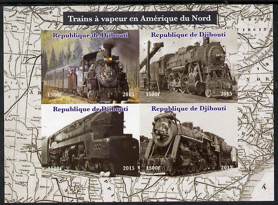 Djibouti 2015 Steam Locomotives of North America imperf sheetlet containing 4 values unmounted mint. Note this item is privately produced and is offered purely on its the..., stamps on railways