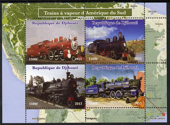 Djibouti 2015 Steam Locomotives of South America perf sheetlet containing 4 values unmounted mint. Note this item is privately produced and is offered purely on its thema..., stamps on railways