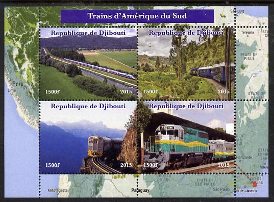 Djibouti 2015 Trains of South America perf sheetlet containing 4 values unmounted mint. Note this item is privately produced and is offered purely on its thematic appeal, stamps on railways