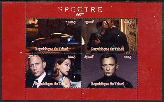 Chad 2015 Spectre (James Bond) #1 perf sheetlet containing 4 values unmounted mint. Note this item is privately produced and is offered purely on its thematic appeal. . , stamps on movies, stamps on films, stamps on  spy , stamps on cinena