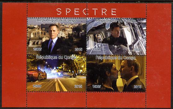 Congo 2015 Spectre (James Bond) perf sheetlet containing 4 values unmounted mint. Note this item is privately produced and is offered purely on its thematic appeal, it has no postal validity, stamps on movies, stamps on films, stamps on  spy , stamps on cinena