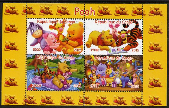 Congo 2015 Winnie-the-Pooh #2 perf sheetlet containing 4 values unmounted mint. Note this item is privately produced and is offered purely on its thematic appeal, stamps on movies, stamps on films, stamps on  disney , stamps on cinena