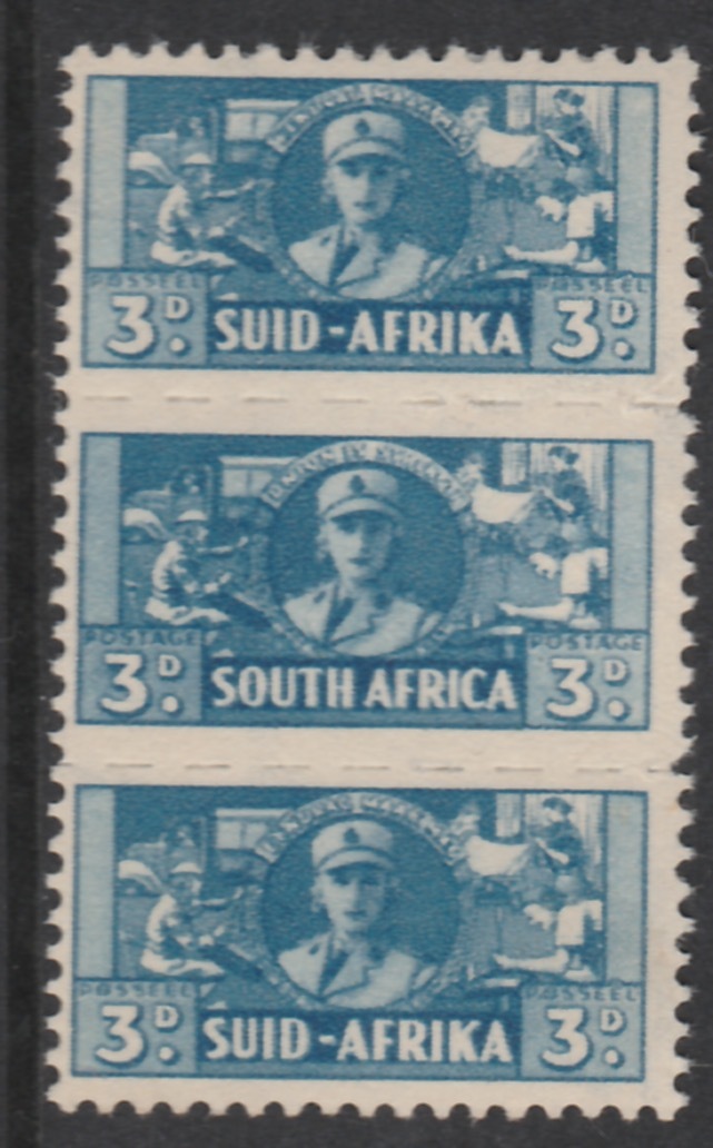 South Africa 1942-44 KG6 War Effort (reduced size) 3d Women's Auxiliary Service triplet unmounted mint, SG 101, stamps on militaria, stamps on women, stamps on  ww2 , stamps on  kg6 , stamps on 