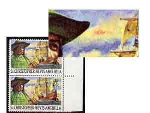 St Kitts-Nevis 1970-74 L'Ollonois & Pirate Carrack 6c unmounted mint with 'Red Mark on Cloud' variety in pair with normal, SG 212var, stamps on pirates, stamps on ships