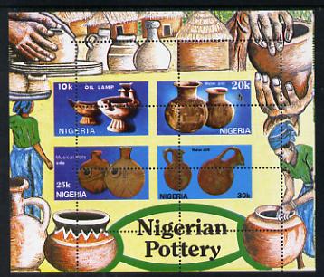 Nigeria 1990 Pottery m/sheet with horiz & vert perfs misplaced through centre of stamps unmounted mint, stamps on crafts   pottery