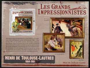 Comoro Islands 2009 Impressionists - Toulouse Lautrec perf s/sheet unmounted mint, stamps on personalities, stamps on arts, stamps on impressionists, stamps on lautrec