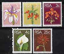South Africa 1974-76 Flowers, set of 5 values from Flora & Fauna def set unmounted mint, SG 348-51 & 360, stamps on flowers, stamps on iris, stamps on geranium, stamps on lilies, stamps on daisy, stamps on scots, stamps on scotland