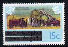 St Kitts 1980 Sugar Cane Harvesting 15c from opt'd def set, SG 32A unmounted mint*, stamps on sugar    agriculture    tractor