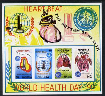 Nigeria 1992 World Health Day (Heart) m/s imperforate unmounted mint, SG 629var, stamps on medical, stamps on heart