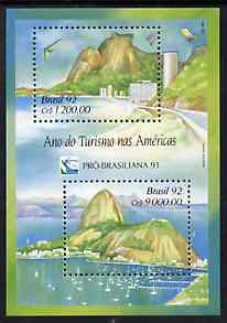 Brazil 1992 Tourism m/s containing 1,200 cr & 9,000 cr unmounted mint, SG MS 2563, stamps on tourism, stamps on hotels, stamps on hang gliding, stamps on cable car