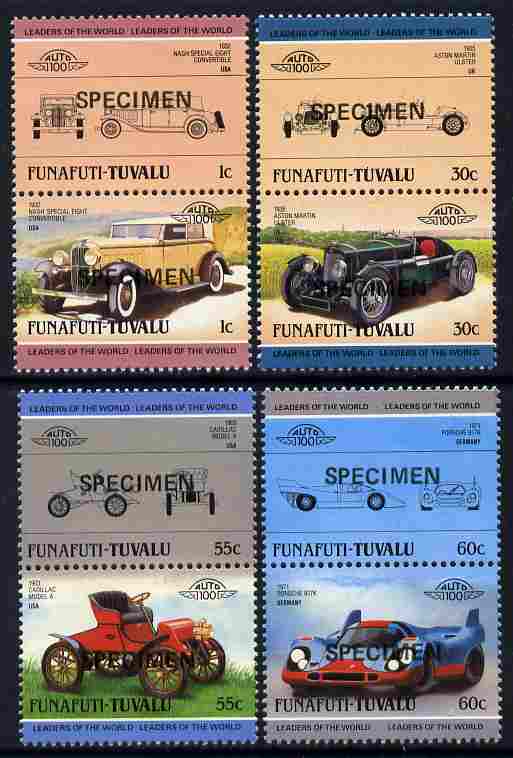 Tuvalu - Funafuti 1985 Cars #2 (Leaders of the World) set of 8 opt'd SPECIMEN unmounted mint, stamps on cars     nash    aston martin    cadillac     porsche