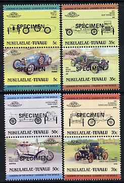 Tuvalu - Nukulaelae 1985 Cars #1 (Leaders of the World) set of 8 opt'd SPECIMEN unmounted mint, stamps on cars     napier    oldsmobile    bugatti    austro daimler