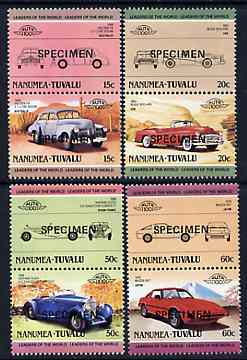 Tuvalu - Nanumea 1985 Cars #2 (Leaders of the World) set of 8 opt'd SPECIMEN unmounted mint, stamps on cars    mazda    hispano    holden    buick