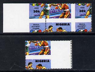 Nigeria 1988 Seoul Olympic Games 20k (Boxing) marginal singles from each side of sheet showing spectacular misplaced perfs error unmounted mint, SG 566, stamps on boxing  sport  varieties    olympics
