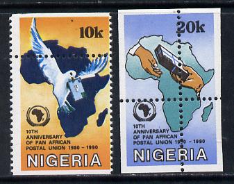 Nigeria 1990 Pan African Postal Union set of 2 (Dove & Map) each with dramatically misplaced perforations unmounted mint, as SG 586-87, stamps on postal, stamps on maps, stamps on doves