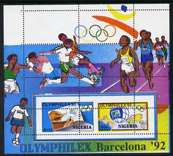Nigeria 1992 'Olymphilex 92' Olympic Stamp Exhibition m/sheet superb unmounted mint grossly misperf'd (perfs pass through centre of stamps) SG MS 632var, stamps on , stamps on  stamps on sport, stamps on stamp on stamp, stamps on  stamps on stamponstamp