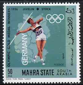 Aden - Mahra 1968 Javelin 50f from German Olympics Gold Medal Winners set unmounted mint, Mi 102A*, stamps on javelin