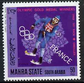 Aden - Mahra 1968 Skiing 50f from French Olympic Gold Medal Winners set unmounted mint, Mi 126A*, stamps on skiing