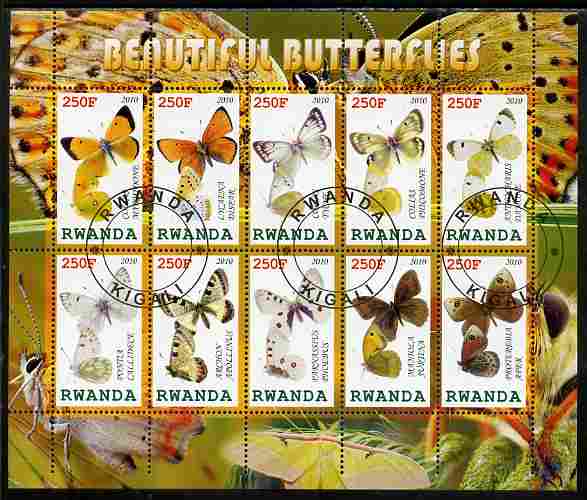 Rwanda 2010 Beautiful Butterflies perf sheetlet containing 10 values fine cto used, stamps on butterflies