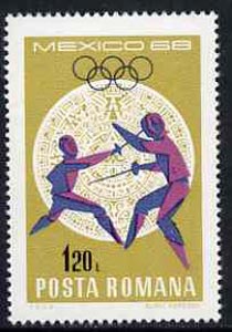 Rumania 1968 Fencing 1b20 unmounted mint from Mexico Olympics set, SG 3579, Mi 2702*, stamps on sport, stamps on fencing