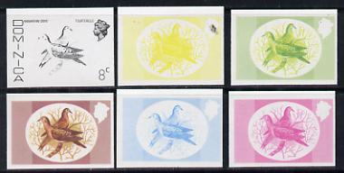 Dominica 1975-78 Zenaida Dove 8c set of 6 imperf progressive colour proofs comprising the 4 basic colours plus blue & yellow and blue, yellow & magenta composites (as SG 497) unmounted mint, stamps on birds, stamps on doves
