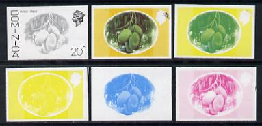 Dominica 1975-78 Mango Longue 20c set of 6 imperf progressive colour proofs comprising the 4 basic colours plus blue & yellow and blue, yellow & magenta composites (as SG..., stamps on fruit, stamps on mango