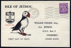 Great Britain - Jethou 1961 Puffin Illustrated cover from Guernsey bearing 3d Regional canc Dec 1st, reverse shows complete set of 3 Jethou birds h/stamped EUROPA  and ca..., stamps on birds    europa