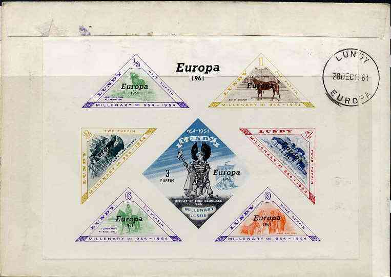 Lundy 1961 Puffin Illustrated cover from Barnstable bearing 3d UK adhesives, reverse shows imperf Europa m/sheet containing triangular pictorials (Horses & Viking), appro..., stamps on birds     europa       horses      vikings      triangulars