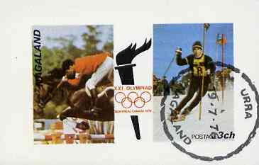 Nagaland 1976 Montreal Olympic Games (Show Jumping & Skiing) imperf souvenir sheet (3ch value) cto used, stamps on olympics       show-jumping     skiing