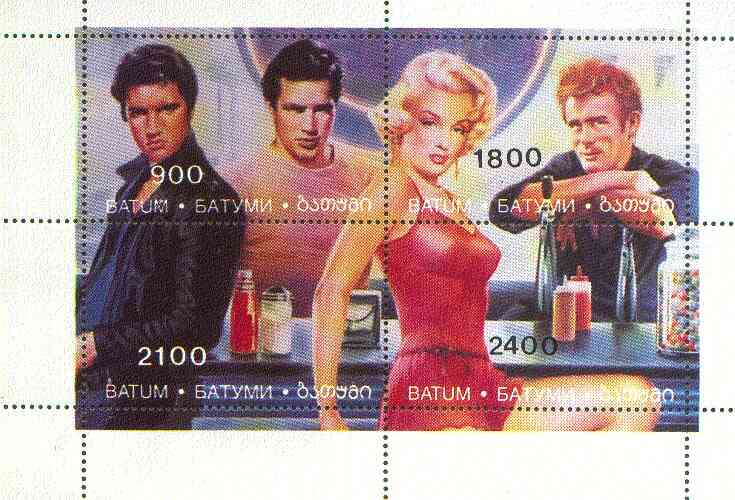 Batum 1995 Hollywood Stars (Elvis, Marilyn Monroe, Marlon Brando & James Dean) perf sheetlet containing 4 values unmounted mint, stamps on music, stamps on personalities, stamps on elvis, stamps on entertainments, stamps on films, stamps on cinema, stamps on marilyn monroe