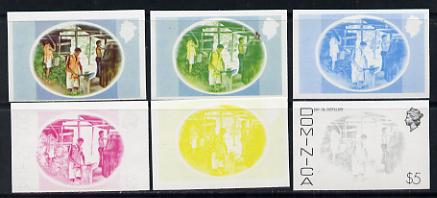 Dominica 1975-78 Bay Oil Distillery $5 set of 6 imperf progressive colour proofs comprising the 4 basic colours plus blue & yellow and blue, yellow & magenta composites (..., stamps on business