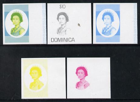 Dominica 1975-78 Queen Elizabeth II $10 set of 5 imperf progressive colour proofs comprising the 4 basic colours plus blue & yellow composite (as SG 507) unmounted mint, stamps on royalty