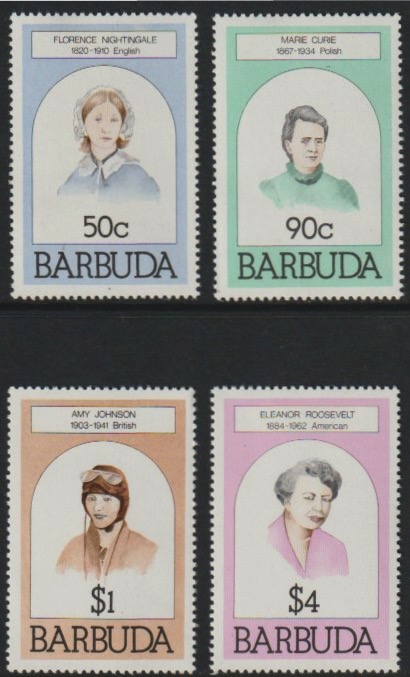 Barbuda 1981 Famous Women set of 4 unmounted mint, SG 546-9, stamps on personalities, stamps on nurses, stamps on women, stamps on nobel, stamps on aviation, stamps on medical, stamps on physics, stamps on x-rays, stamps on chemist