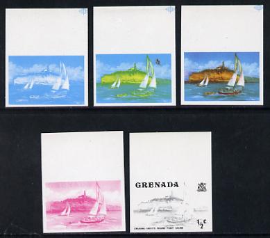 Grenada 1975 Yachts 1/2c set of 5 imperf progressive colour proofs comprising black, magenta, blue plus blue & yellow and blue, yellow & magenta composites (as SG 649) un..., stamps on ships  yachting    lighthouses     sailing