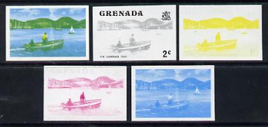 Grenada 1975 Carenage Taxi 2c set of 5 imperf progressive colour proofs comprising the 4 basic colours (the yellow showing a feint impression of 1c in black) plus blue & yellow composite (as SG 651) unmounted mint, stamps on ships